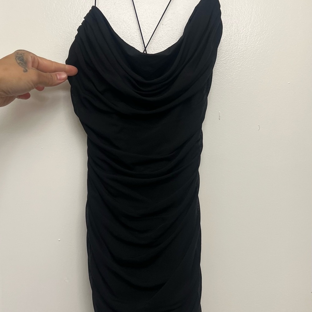 Oh Polly Black Cowl Neck Ruched Mini Dress